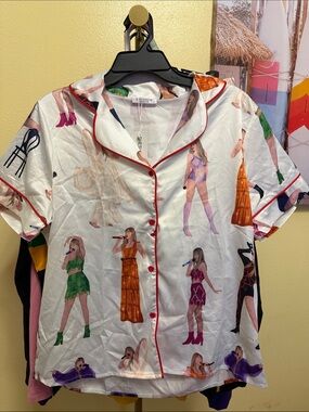 TAYLOR SWIFT ERAS White Satin Short-Sleeve Pajama Top and Shorts with Red Trim